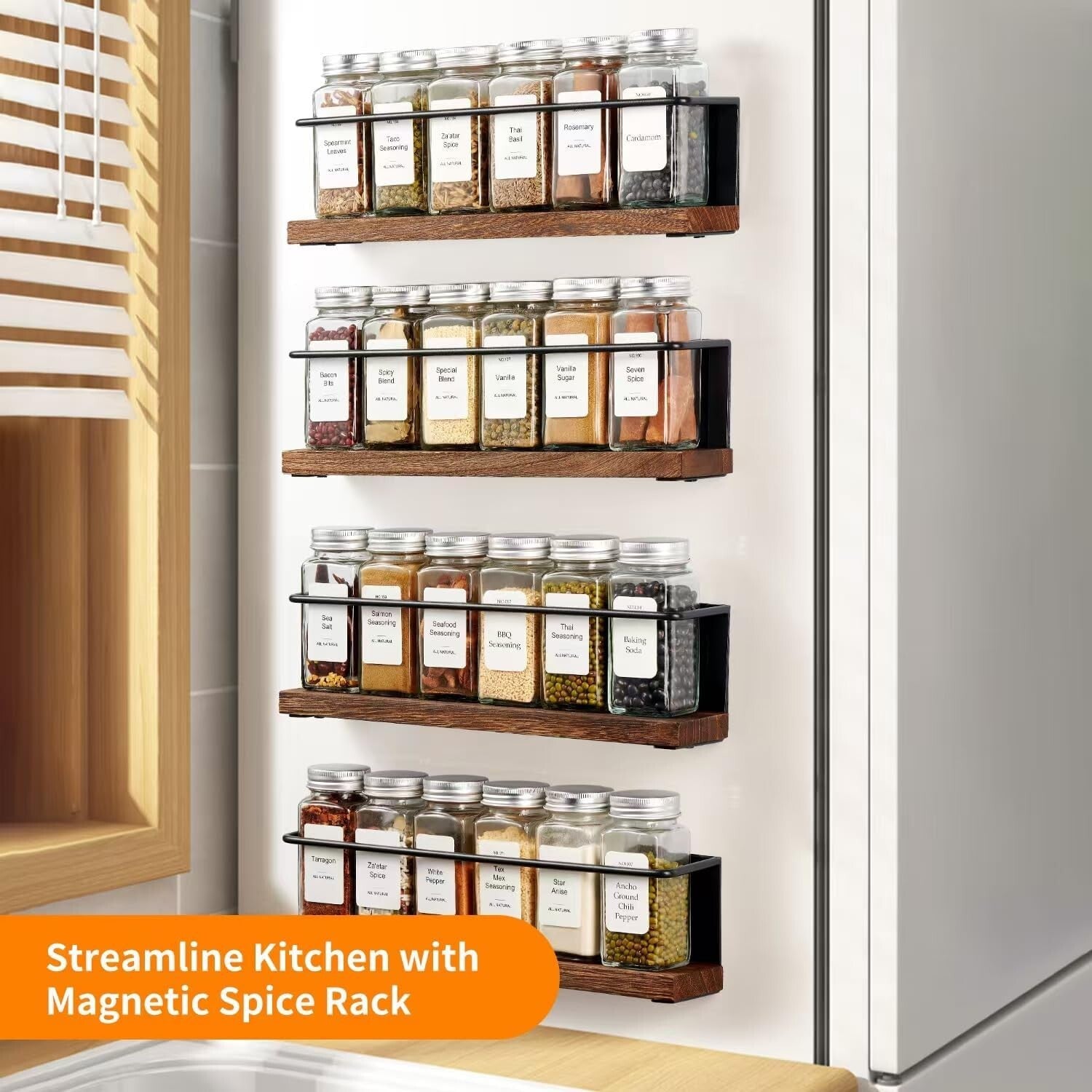 Polished Magnetic Spice Rack Set with 24 Glass Jars and Funnel - Modern Storage
