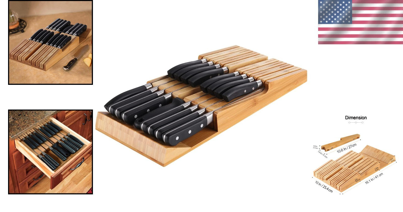 Elegant Bamboo In-Drawer Knife Block Organizer for 16 Knives - Detachable Design