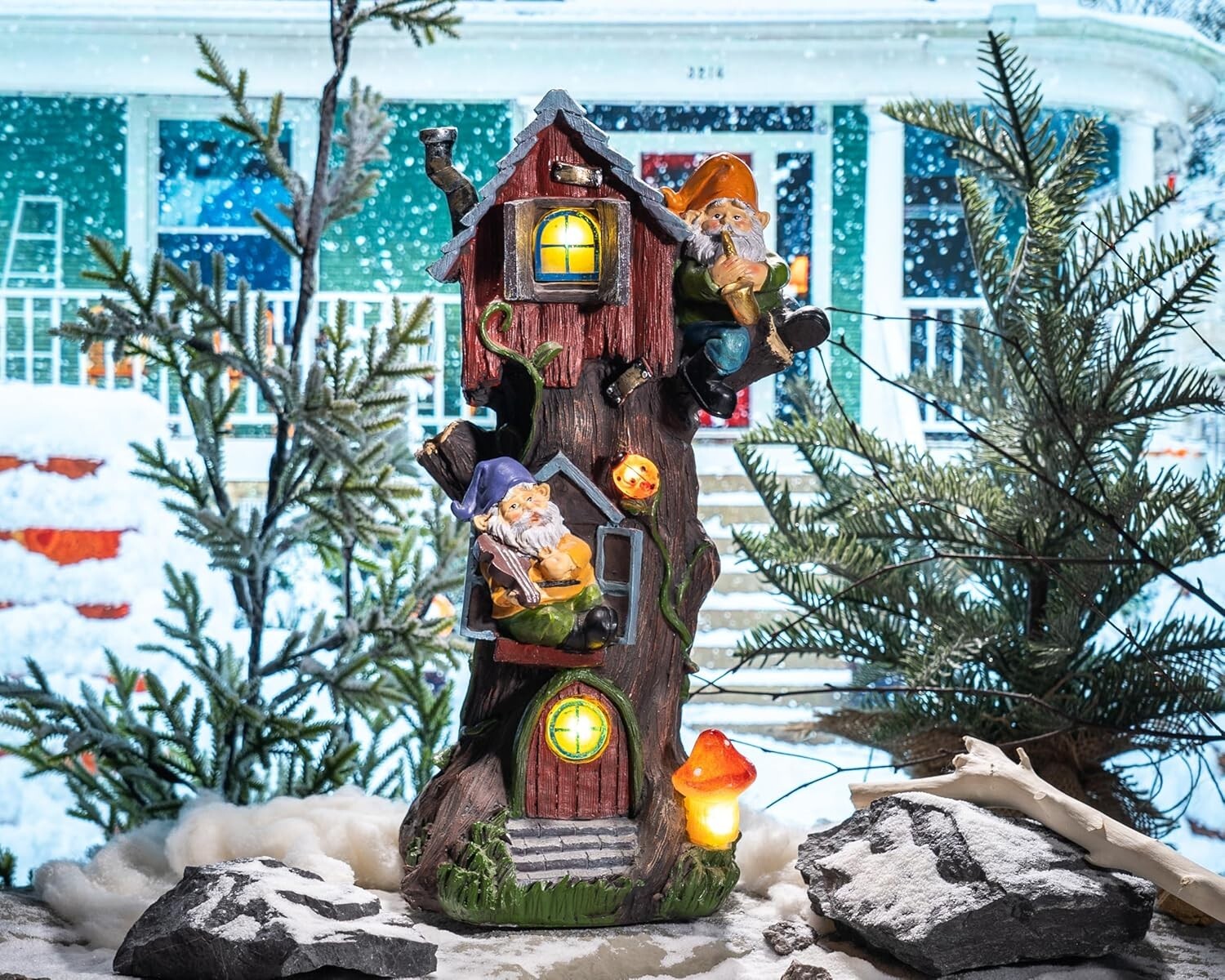 Charming 11" Gnome Treehouse with Solar Light - Perfect Garden Figurine Ornament