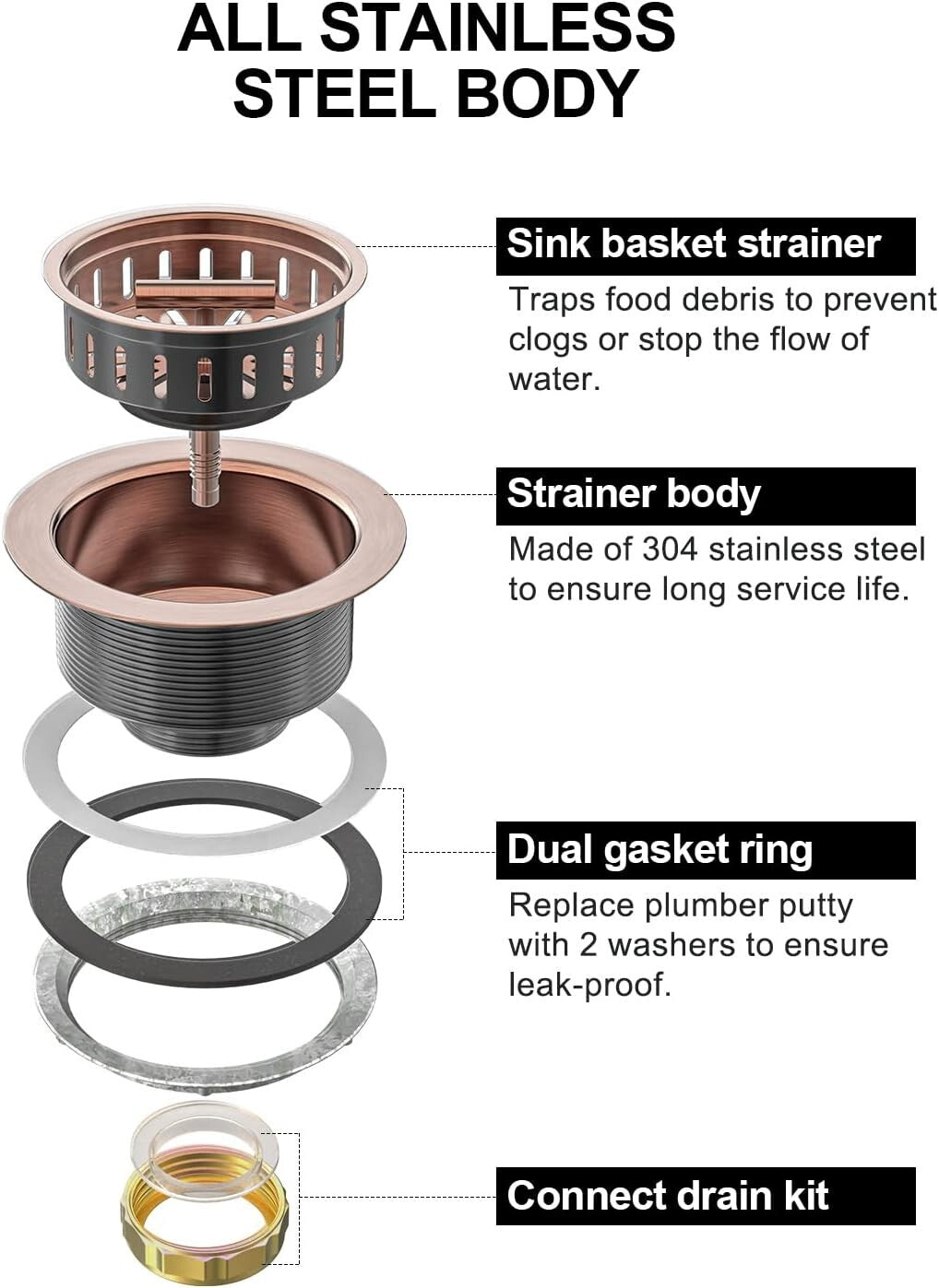 Elegant Copper Kitchen Sink Drain Kit with Removable Strainer for Easy Cleaning