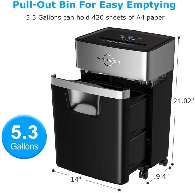 Quiet Office Paper Shredder with 5.3-Gallon Bin - Anti-Jam & Portable Design