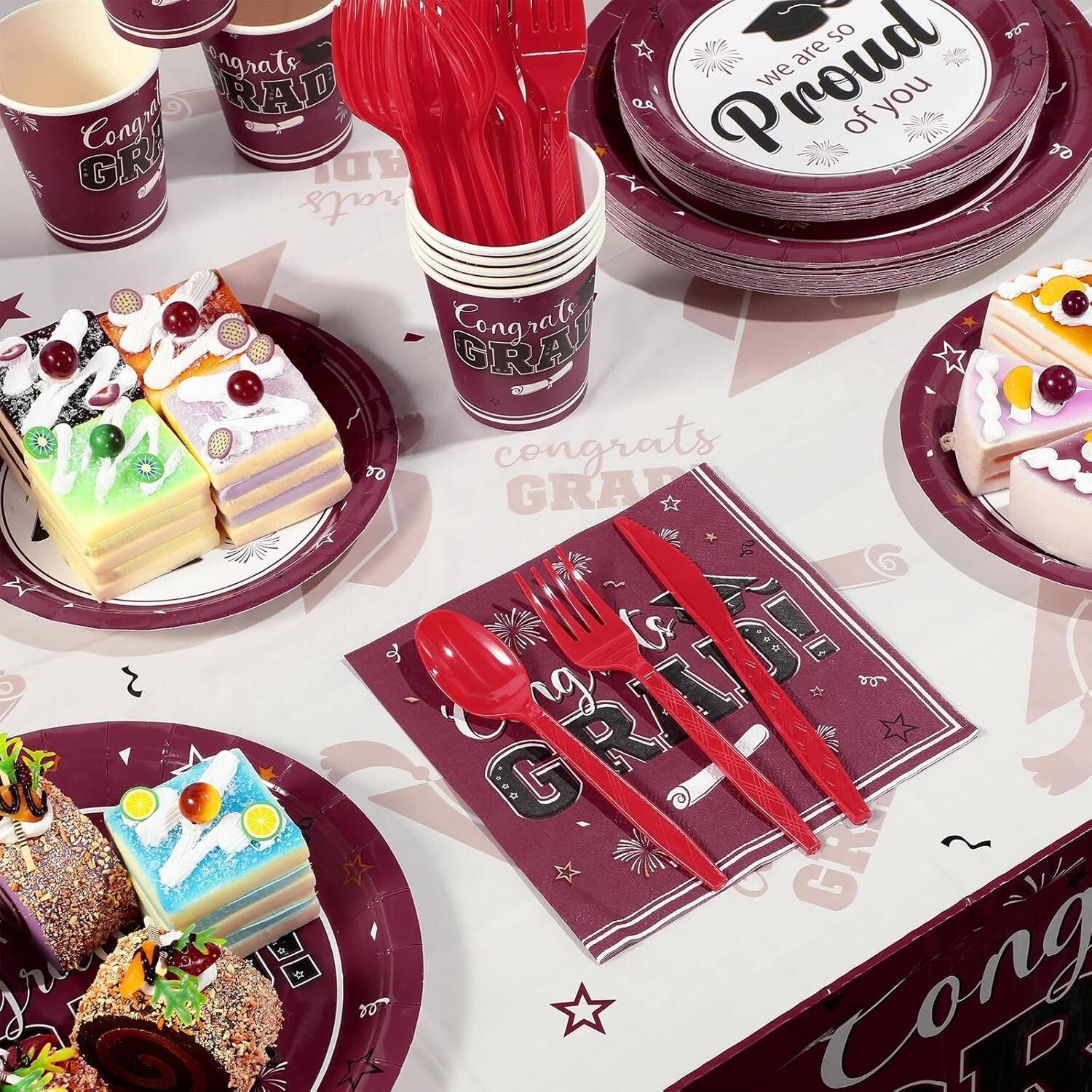 Elegant Maroon Graduation Dinnerware Set for Up to 50 Guests - Class of 2025