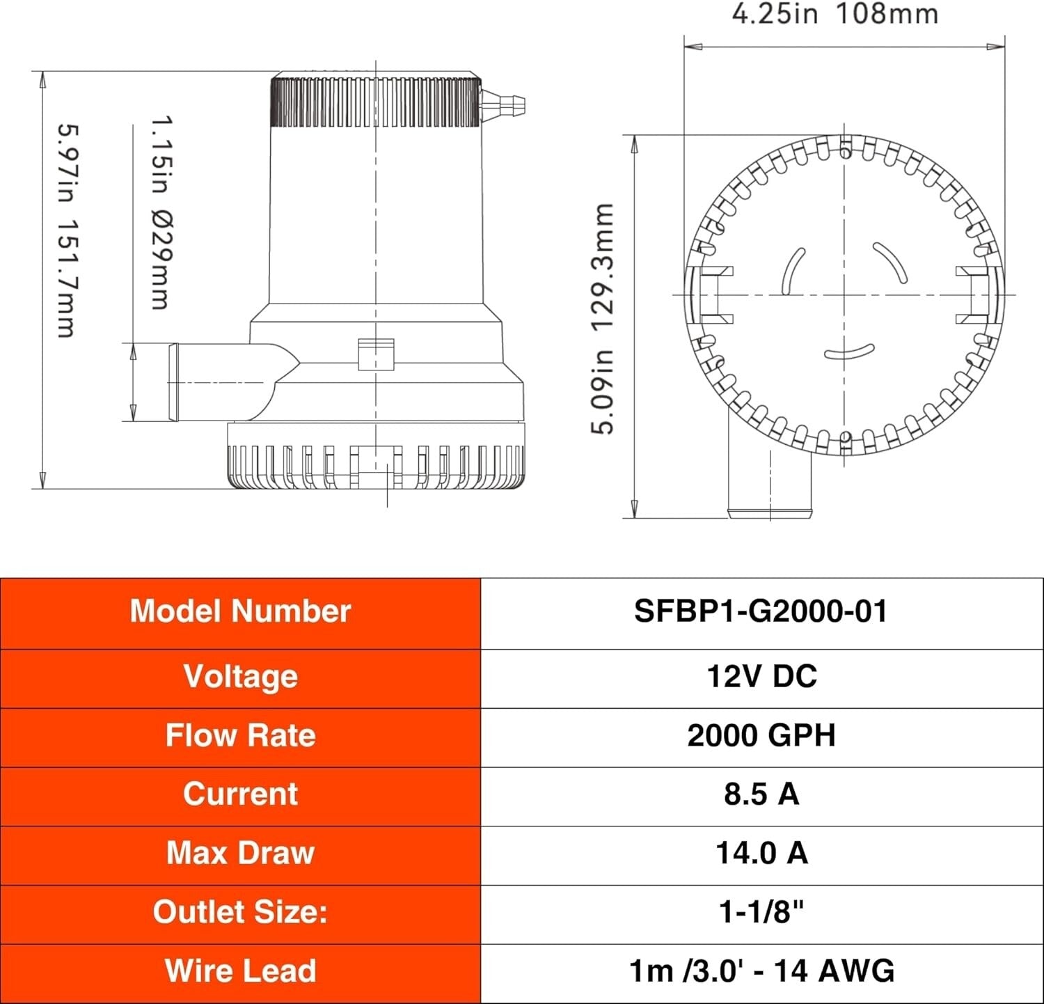 Efficient Marine Bilge Pump – 12V, 2000 GPH Flow with Stainless Steel Features