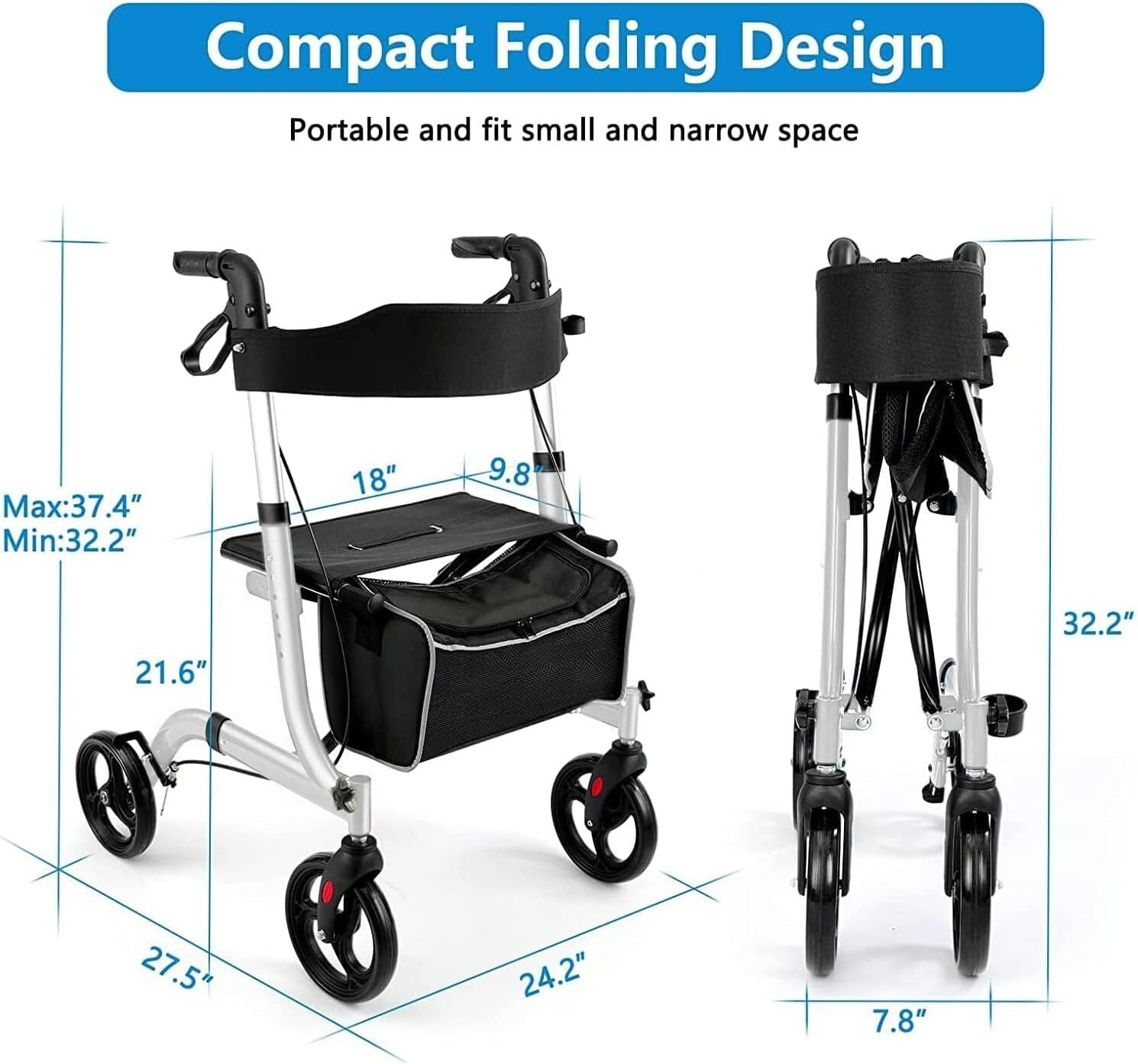 Durable Rollator Walker with 300 lbs Capacity and Easy-Fold Design for Seniors