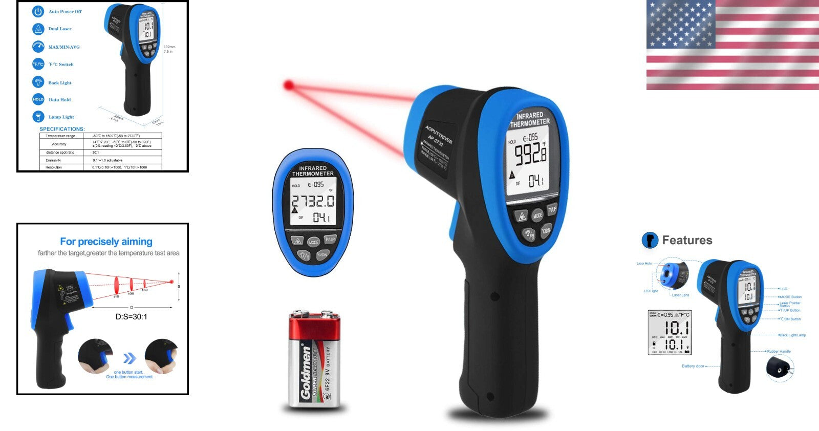 30:1 Distance Spot Ratio Laser Thermometer Gun -58℉ to 2732℉ Temperature Range