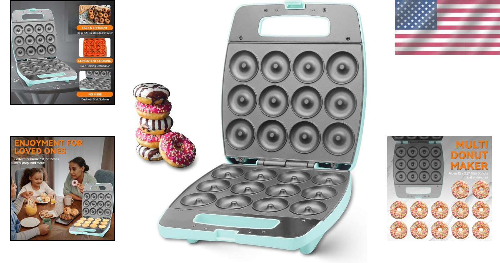 Aqua Mini Donut Maker - Bake 12 Non-Stick Delicious Doughnuts Effortlessly