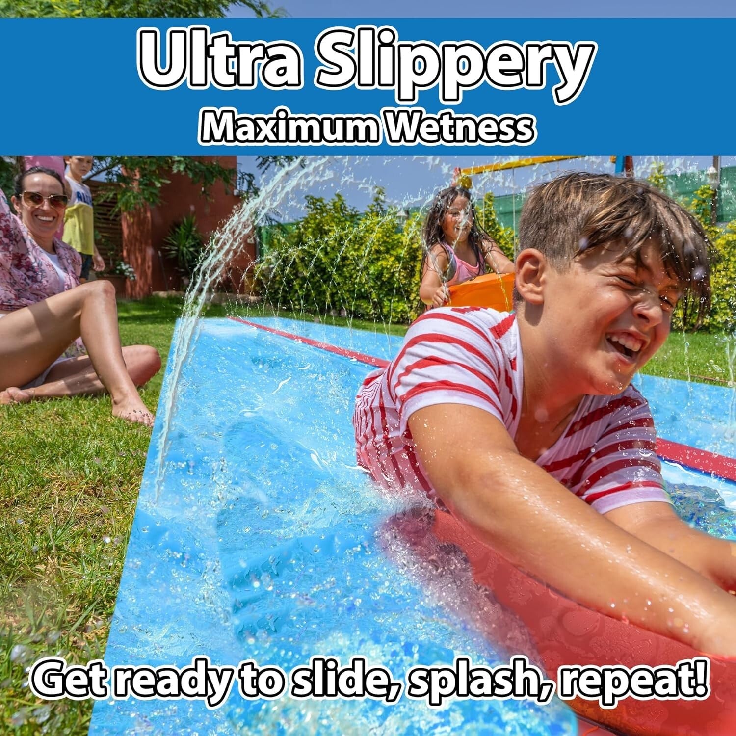 Extra Wide Slip and Slide: 30FT Water Slide with Sprinkler Effect & Bodyboards