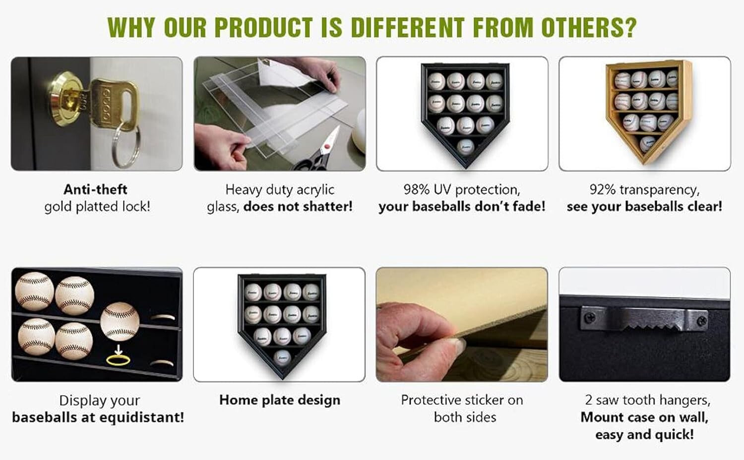 Wall-Mounted Baseball Display Case for 12 Balls with UV Protection & Locks
