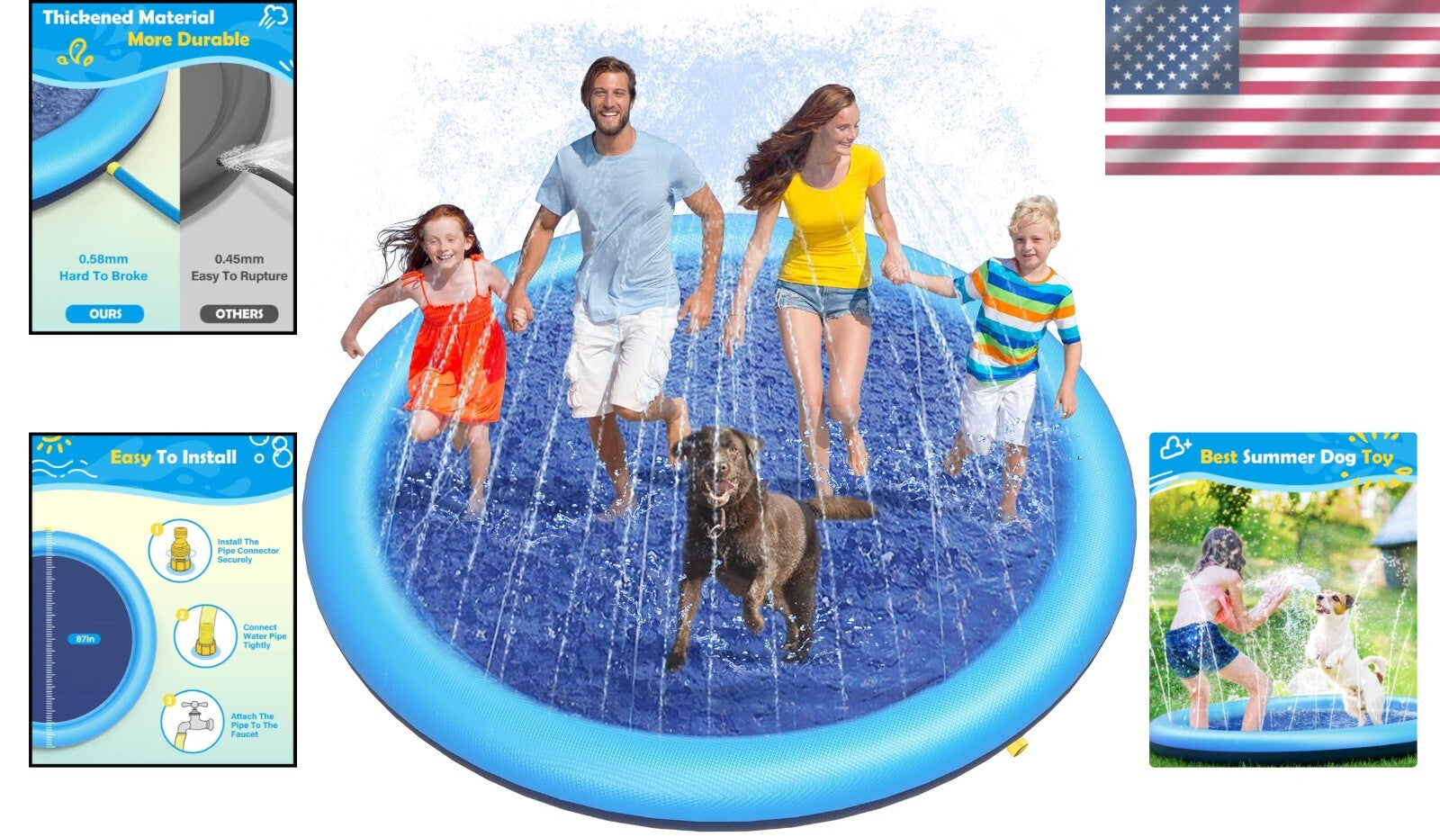 Large 86in Dog Pool Splash Pad - Adjustable Height and Dog-Friendly Design