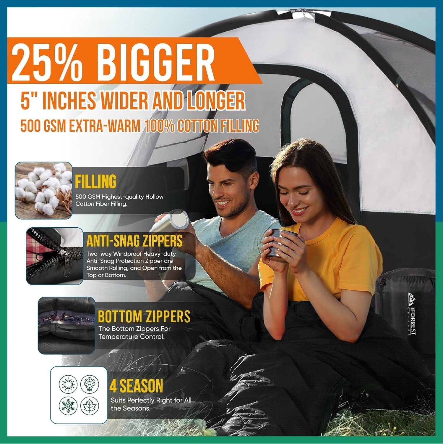 10°F Cotton Flannel Double Sleeping Bag - Waterproof, 2-Person Travel Essential