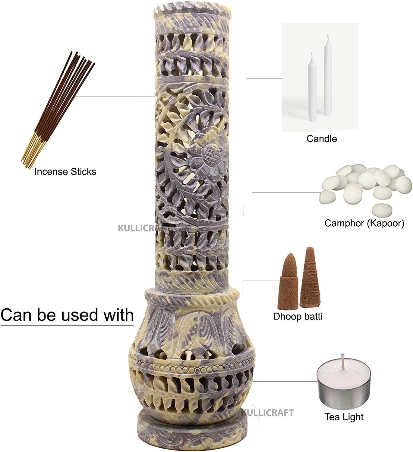 Intricate Floral Carved Soapstone Incense Tower & Tea Light Stand for Gifting