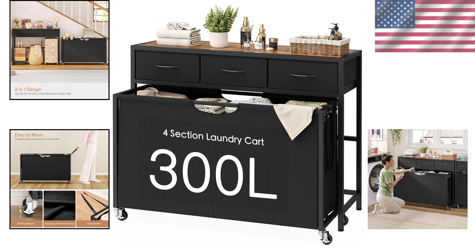 Multi-Functional 300L Laundry Basket with Rolling Design & Sturdy Tabletop