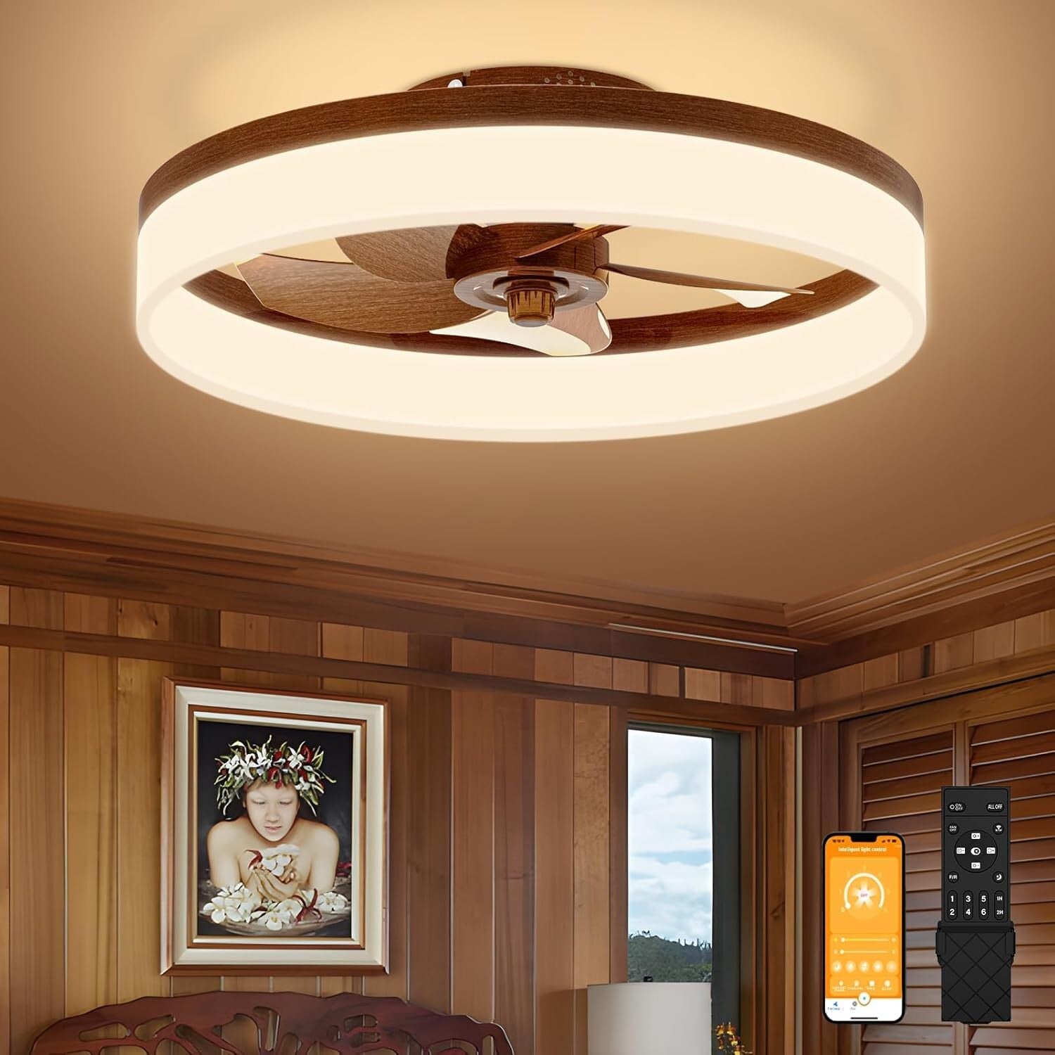 Stylish 19.7in Walnut Farmhouse Ceiling Fan with Dimmable LED Lights & Remote