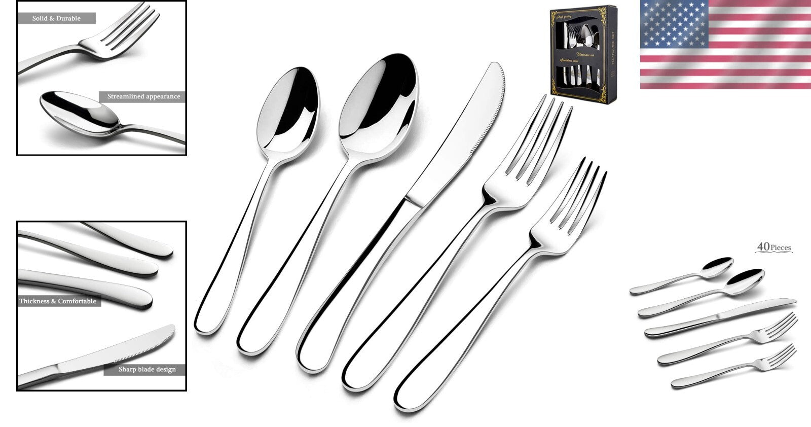 40-Piece Heavy-Duty Raindrop Silverware Set - Elegant Stainless Steel Flatware