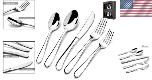40-Piece Heavy-Duty Raindrop Silverware Set - Elegant Stainless Steel Flatware