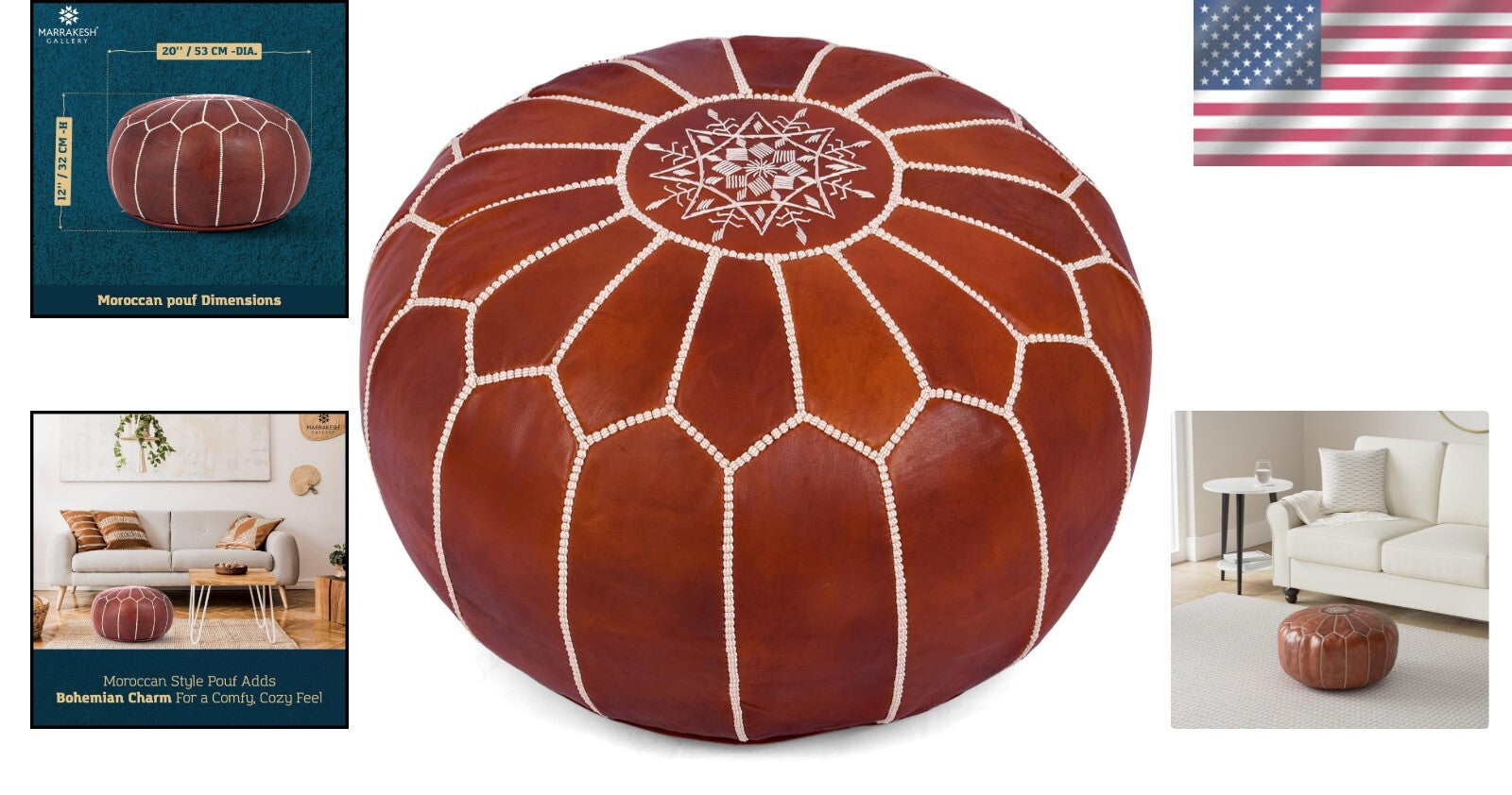 Eco-Friendly Leather Pouf Ottoman Cover - Handmade Bohemian Decor for Every Room