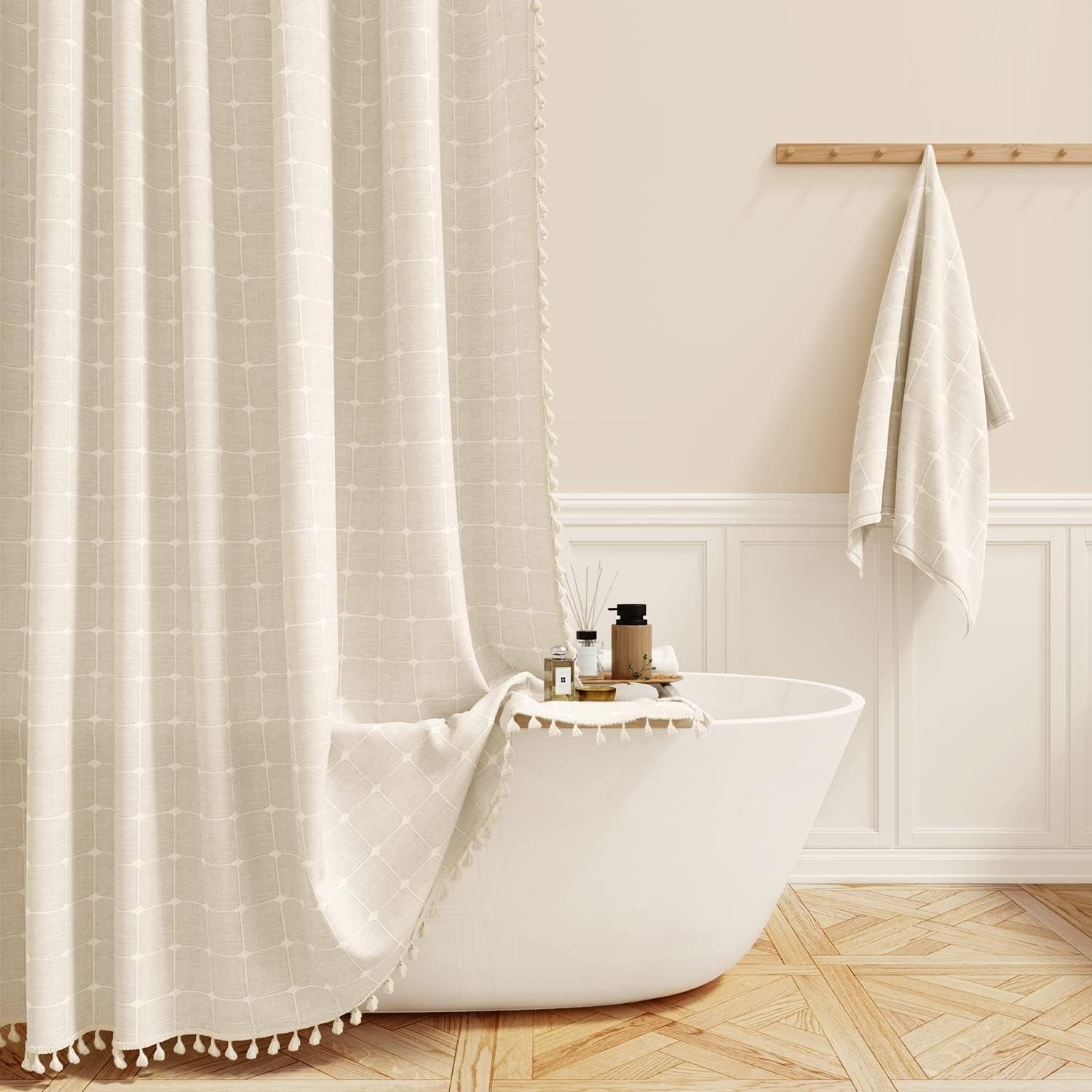 Luxurious 72x84 Inch Water-Repellent Linen Blend Shower Curtain with Tassels
