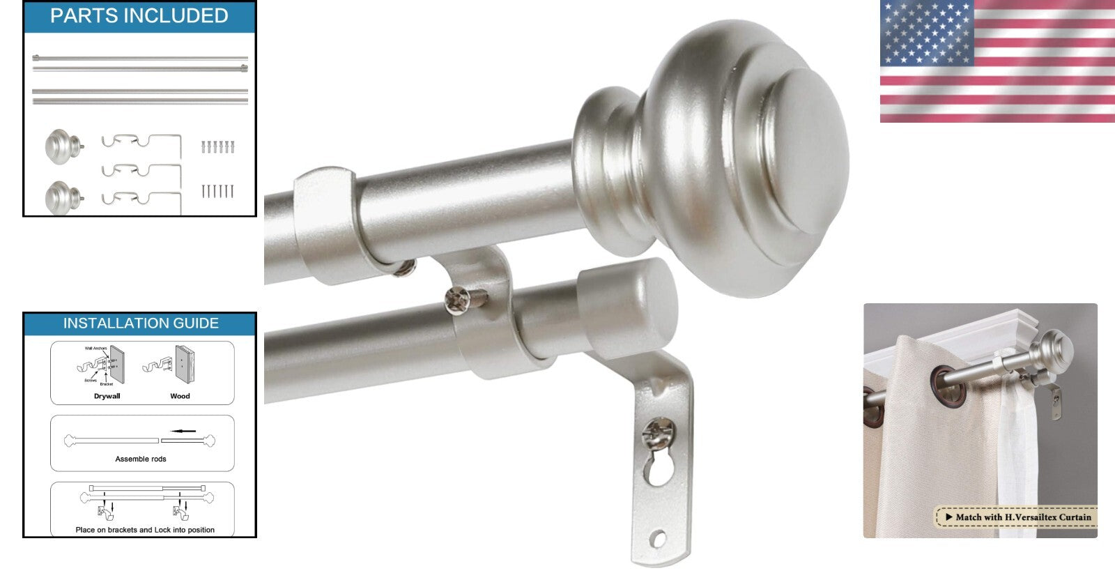 Contemporary Adjustable Curtain Rod Set, 48-84 Inches with Classic Finials