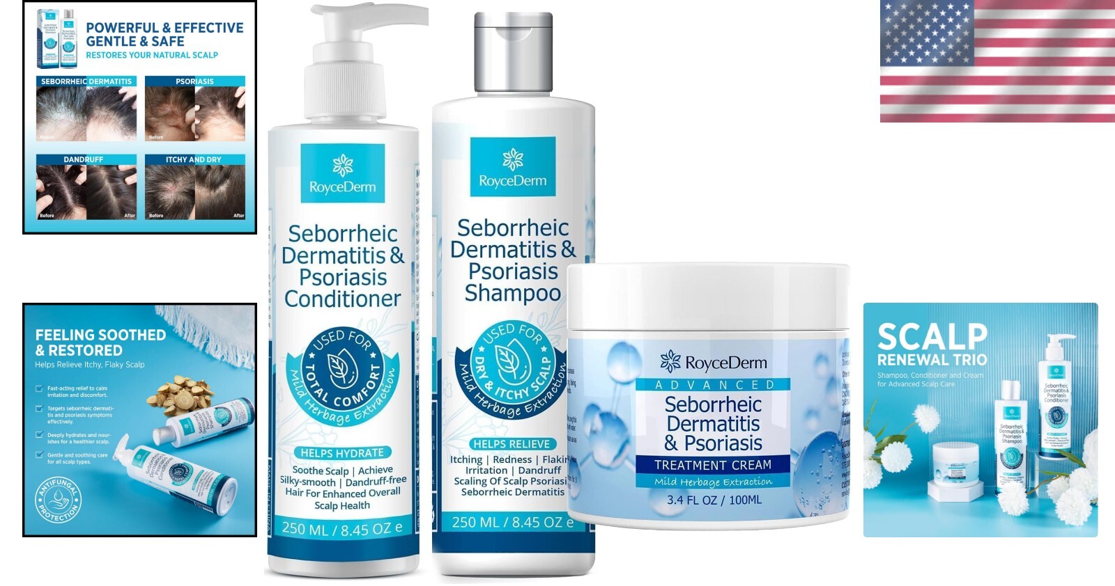 Seborrheic Dermatitis Relief Set - Cream, Shampoo & Conditioner for Scalp Care
