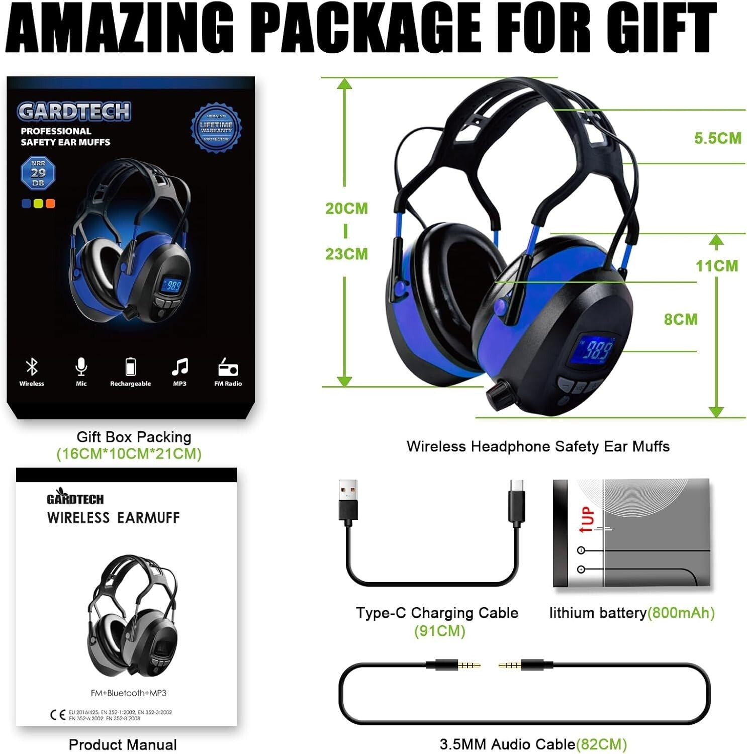 Advanced Bluetooth Earmuffs with FM Radio & Long-lasting Rechargeable Battery