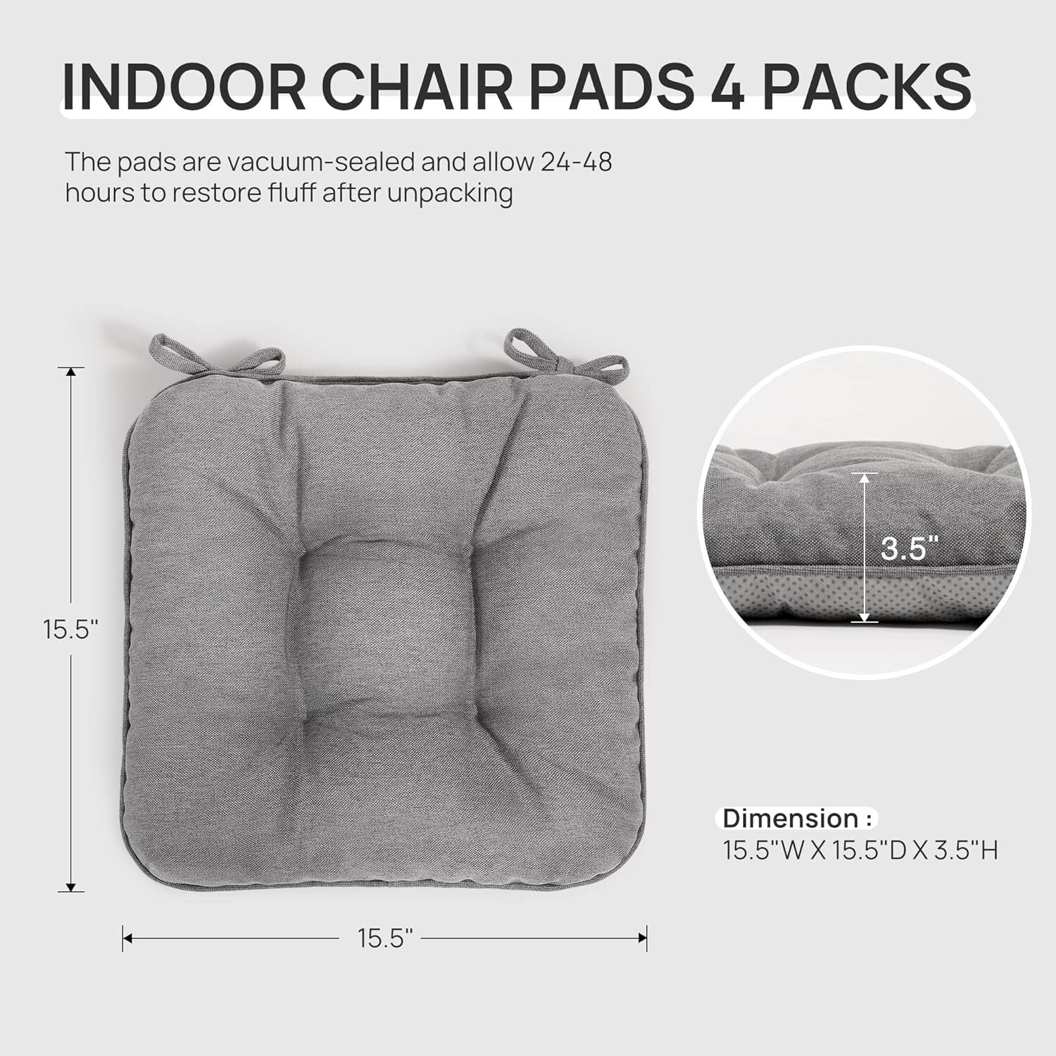 15.5" Square Memory Foam Seat Cushions - Indoor/Outdoor Plush Pads - 4 Pack