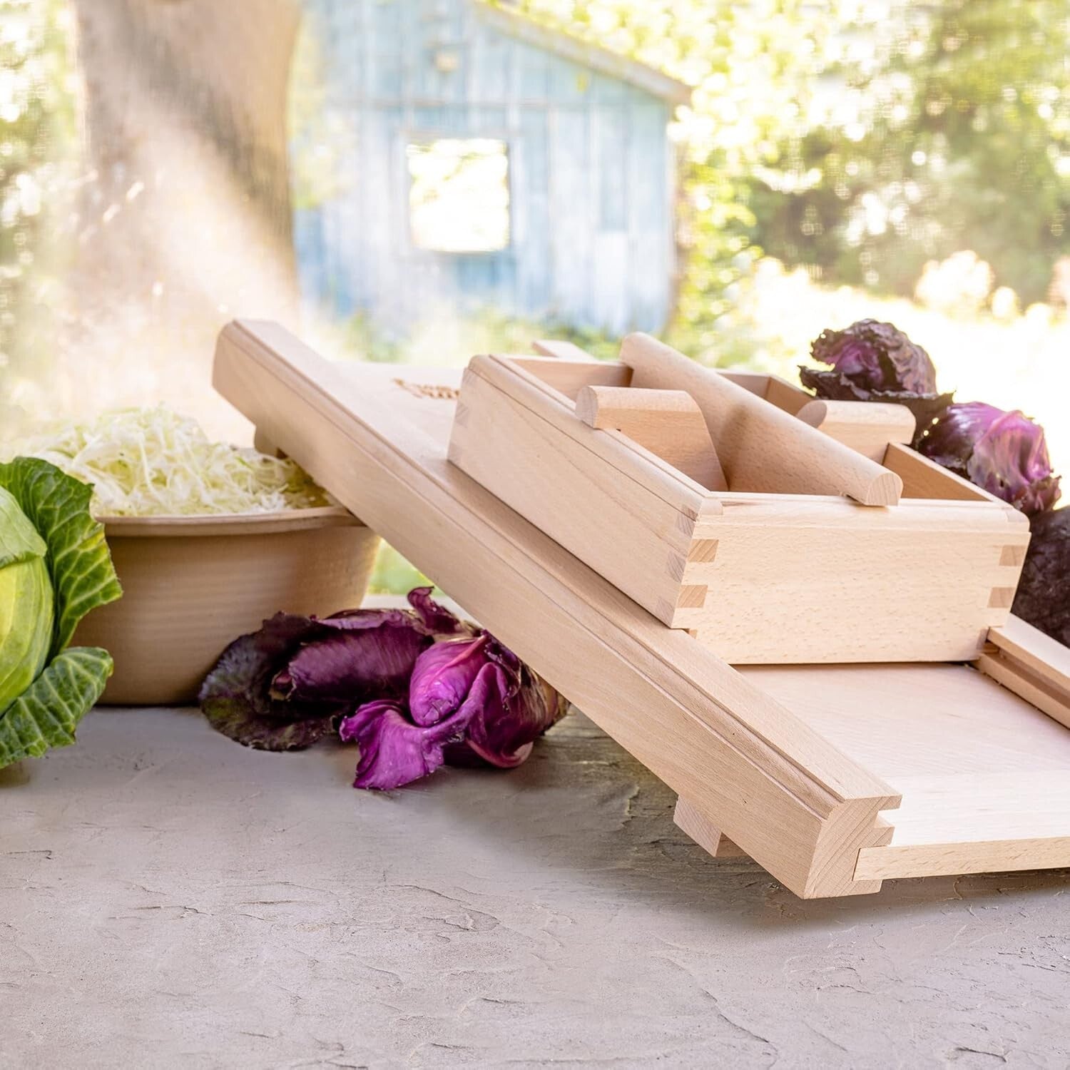Natural Beech Wood Cabbage Shredder with Safety Guard - Perfect for Sauerkraut