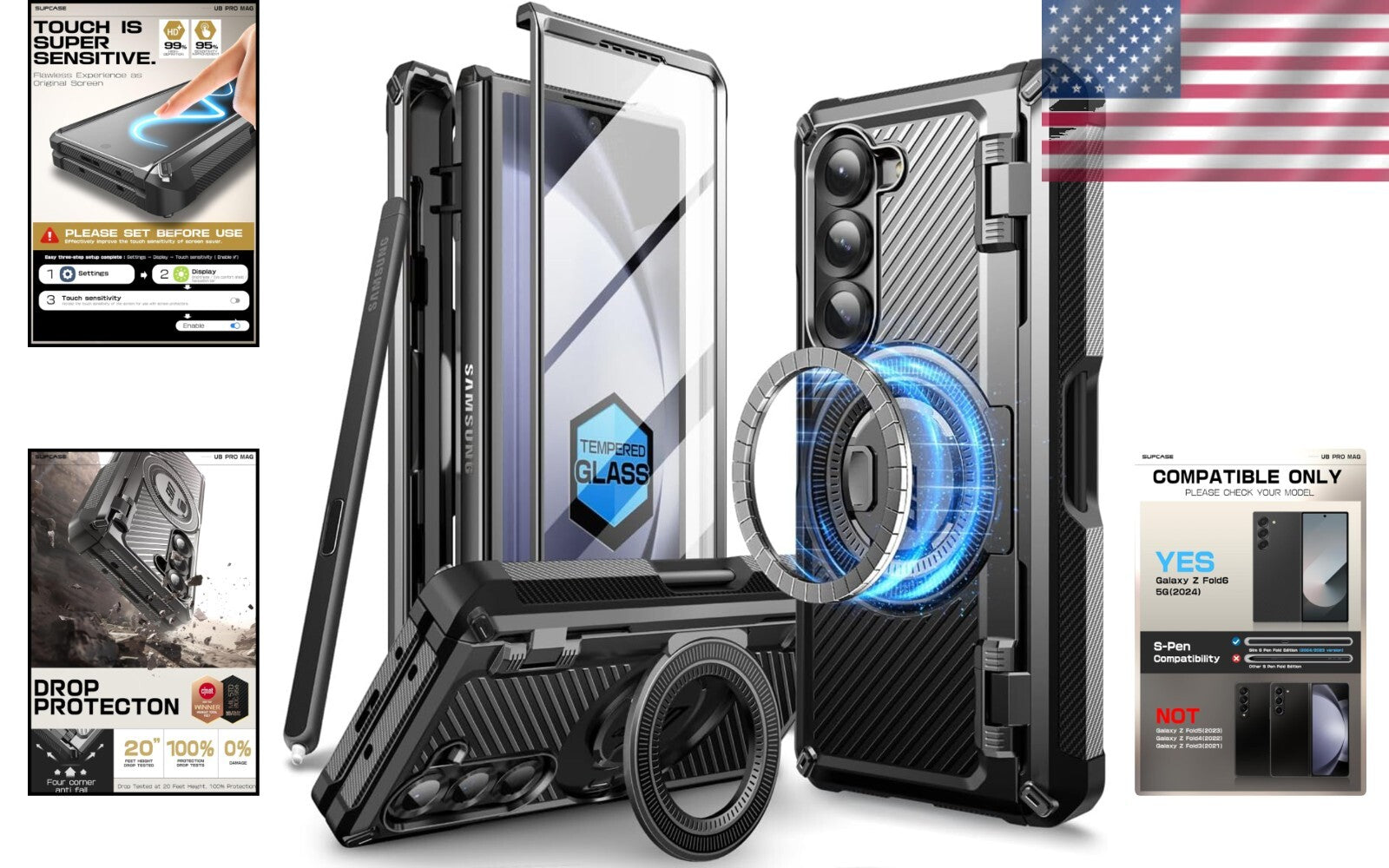 Shockproof Z Fold 6 Case with Built-in Ring Stand & Military Protection Features