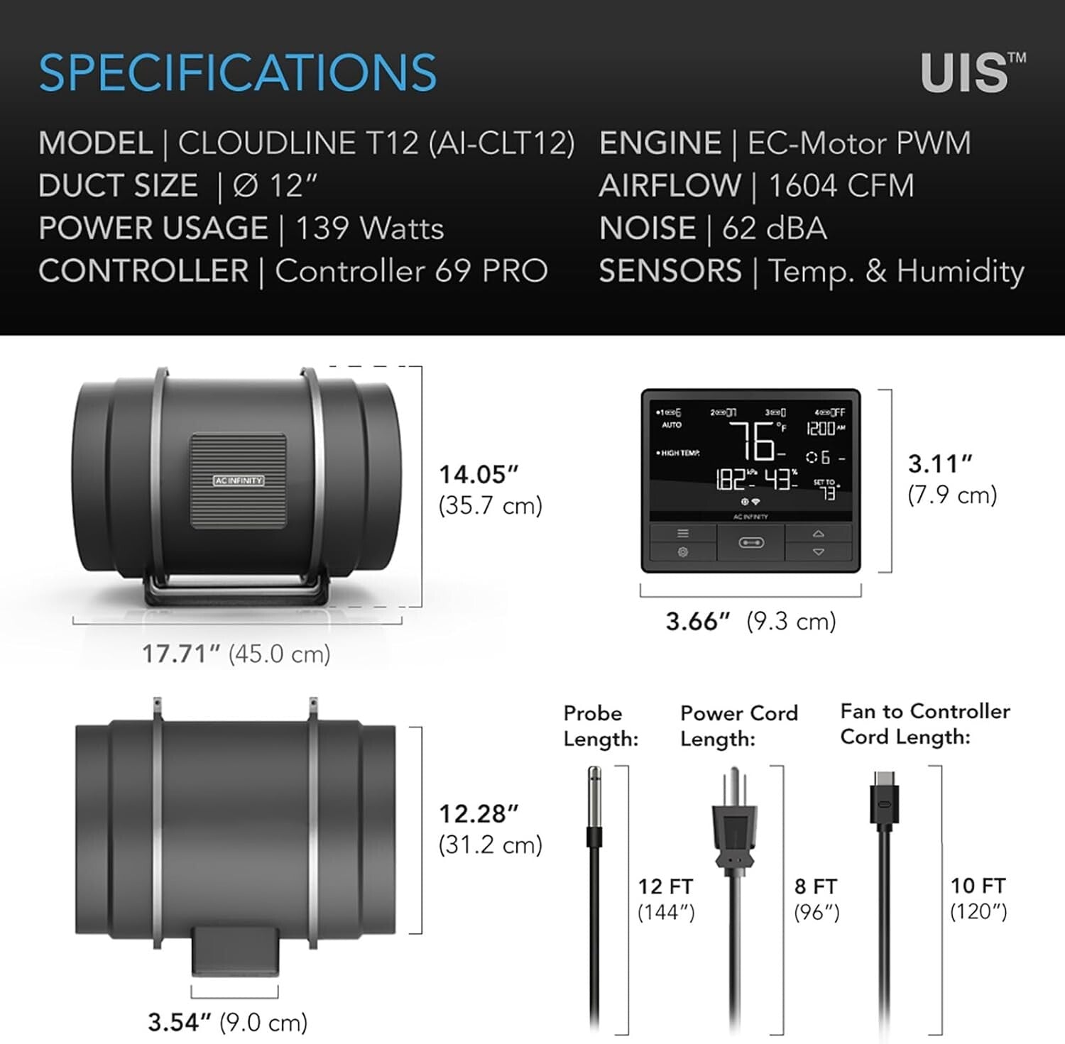 CLOUDLINE PRO T12 - 12" Quiet Inline Duct Fan with WiFi & Temp Control