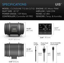 Load image into Gallery viewer, CLOUDLINE PRO T12 - 12" Quiet Inline Duct Fan with WiFi &amp; Temp Control