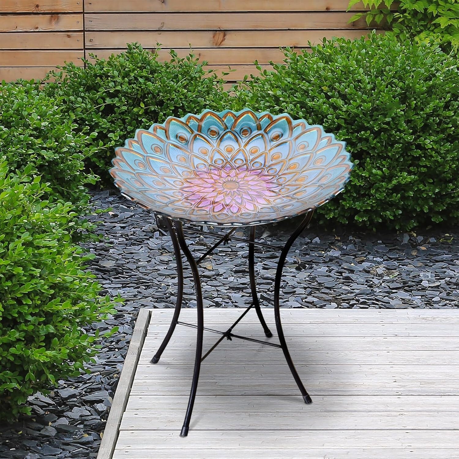 Sturdy 21" Handpainted Flower Glass Bird Bath with Folding Stand for Outdoor Use
