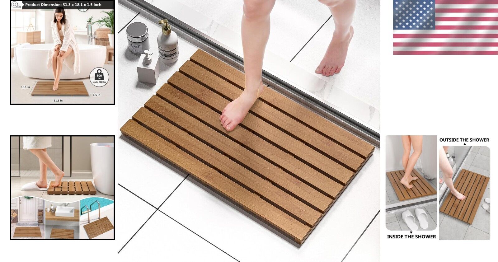 Durable Walnut Bamboo Shower Mat - Large Non-Slip Waterproof Design, 31.3 x 18.1