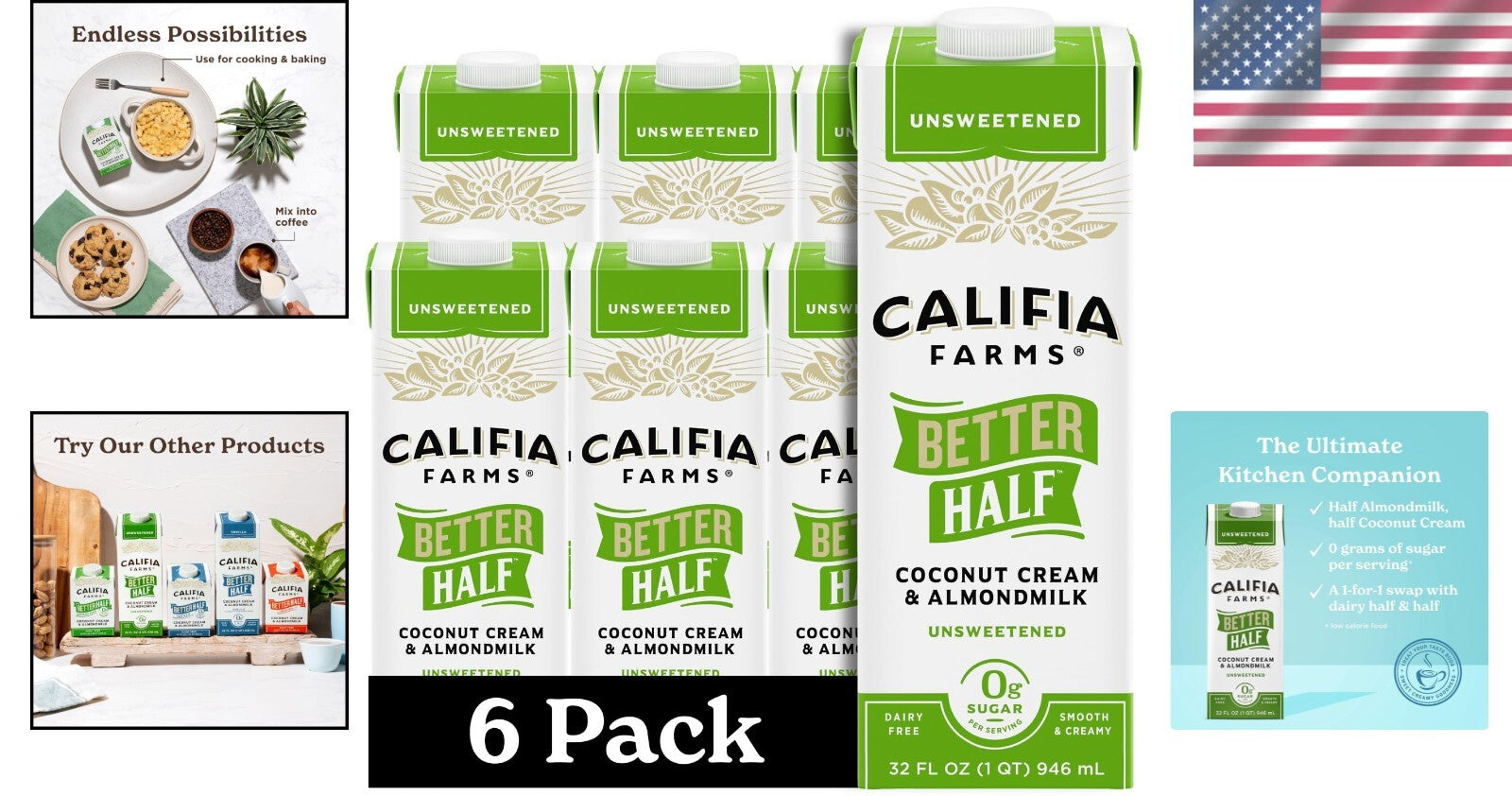 Low-Calorie Unsweetened Better Half - Plant-Based Creamer, 32 Oz Pack of 6