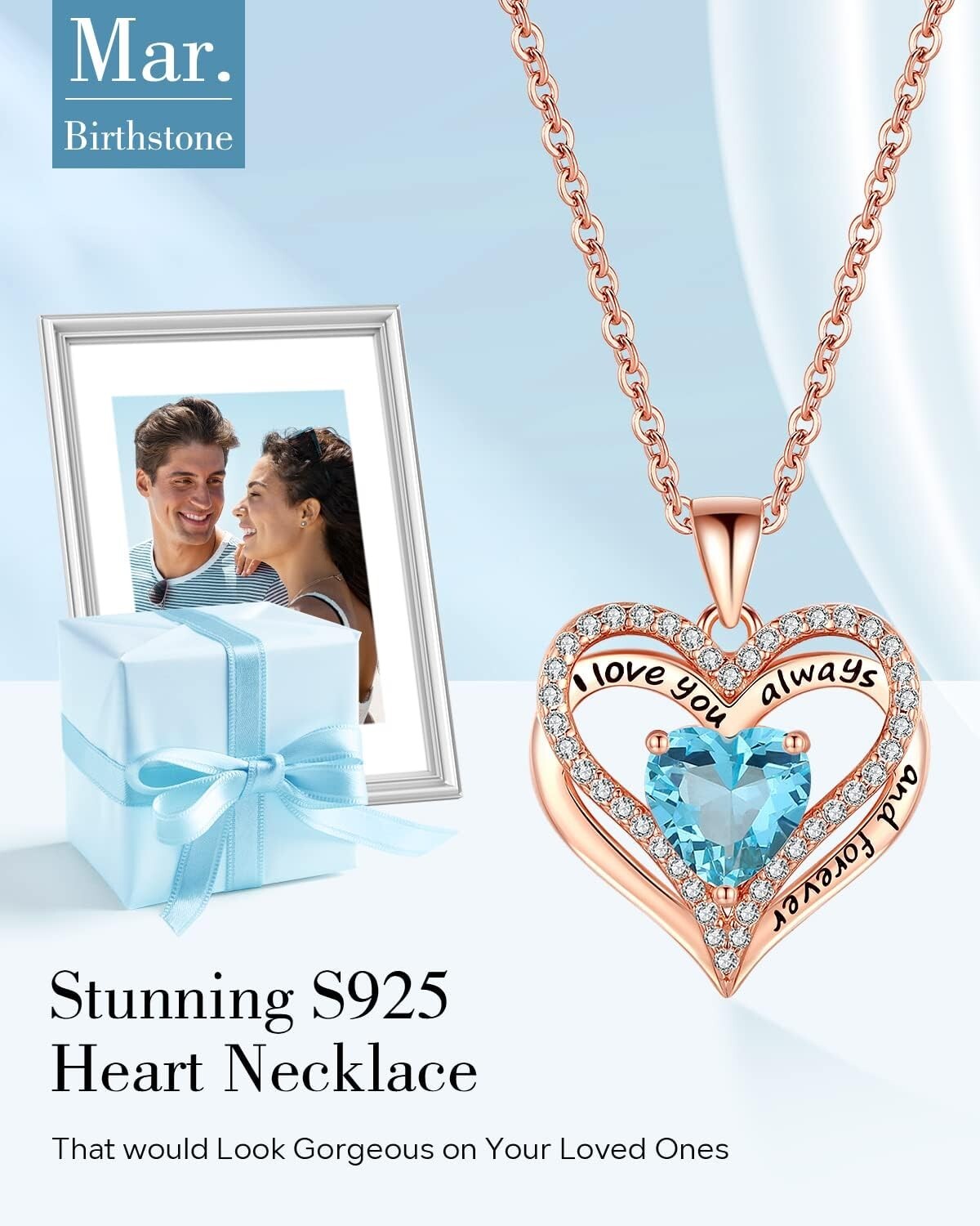 Personalized Birthstone and Heart Necklace in S925 Sterling Silver - Gift Ready!