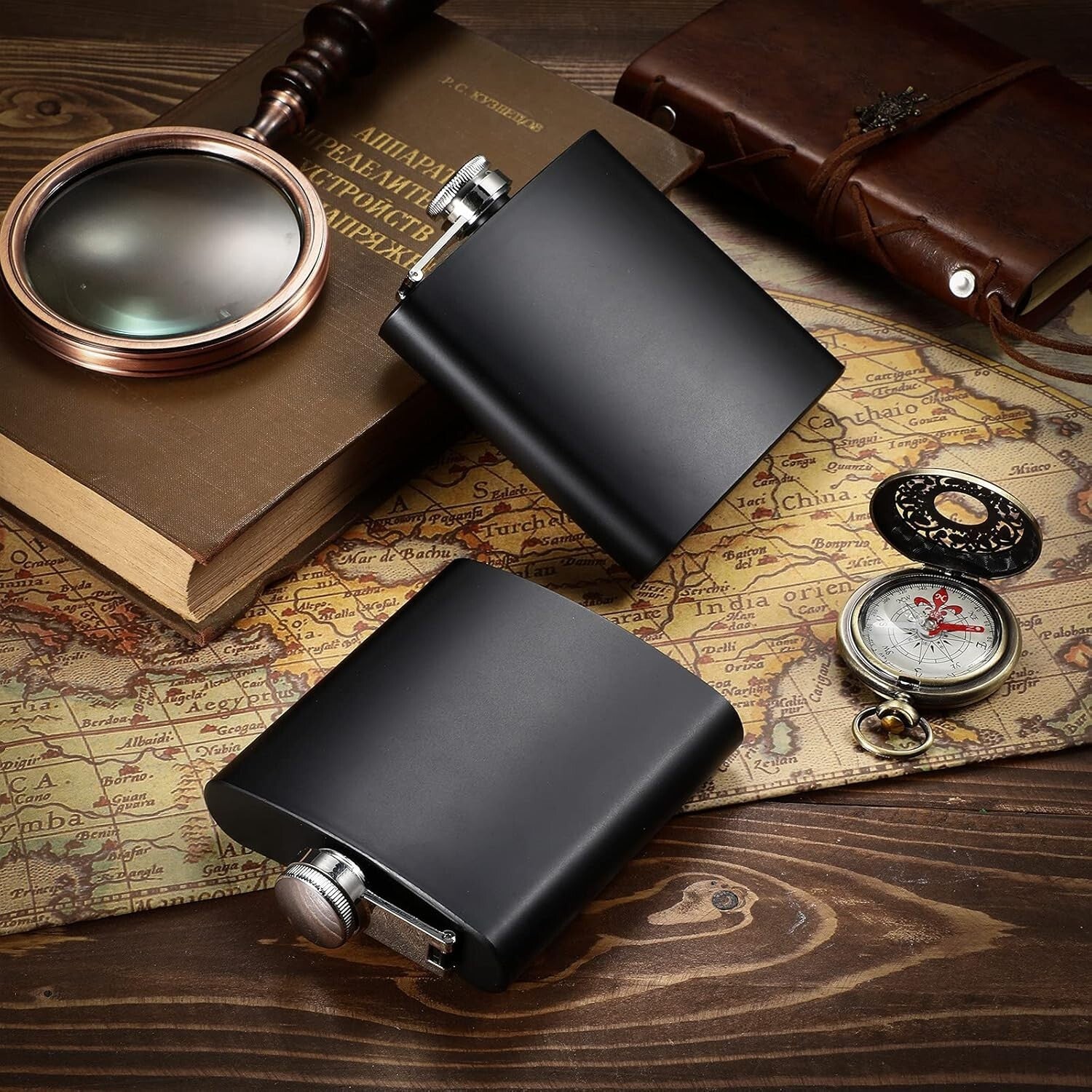 20-Piece Matte Black Stainless Steel Hip Flask Set with Funnels - Leak Proof