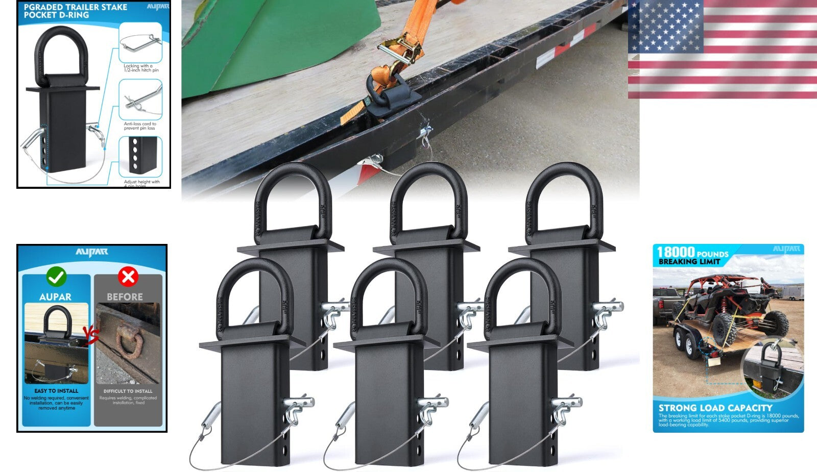 5/8" Heavy-Duty D Rings - 18,000 lbs Adjustable Stake Pocket Tie-Downs (6 Pack)