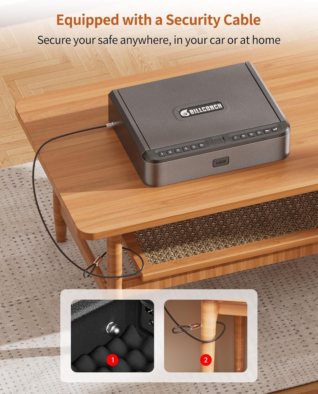 Durable Carbon Steel Gun Safe - Biometric, USB Charge, LED - 10.82"x8.66"x2.75"