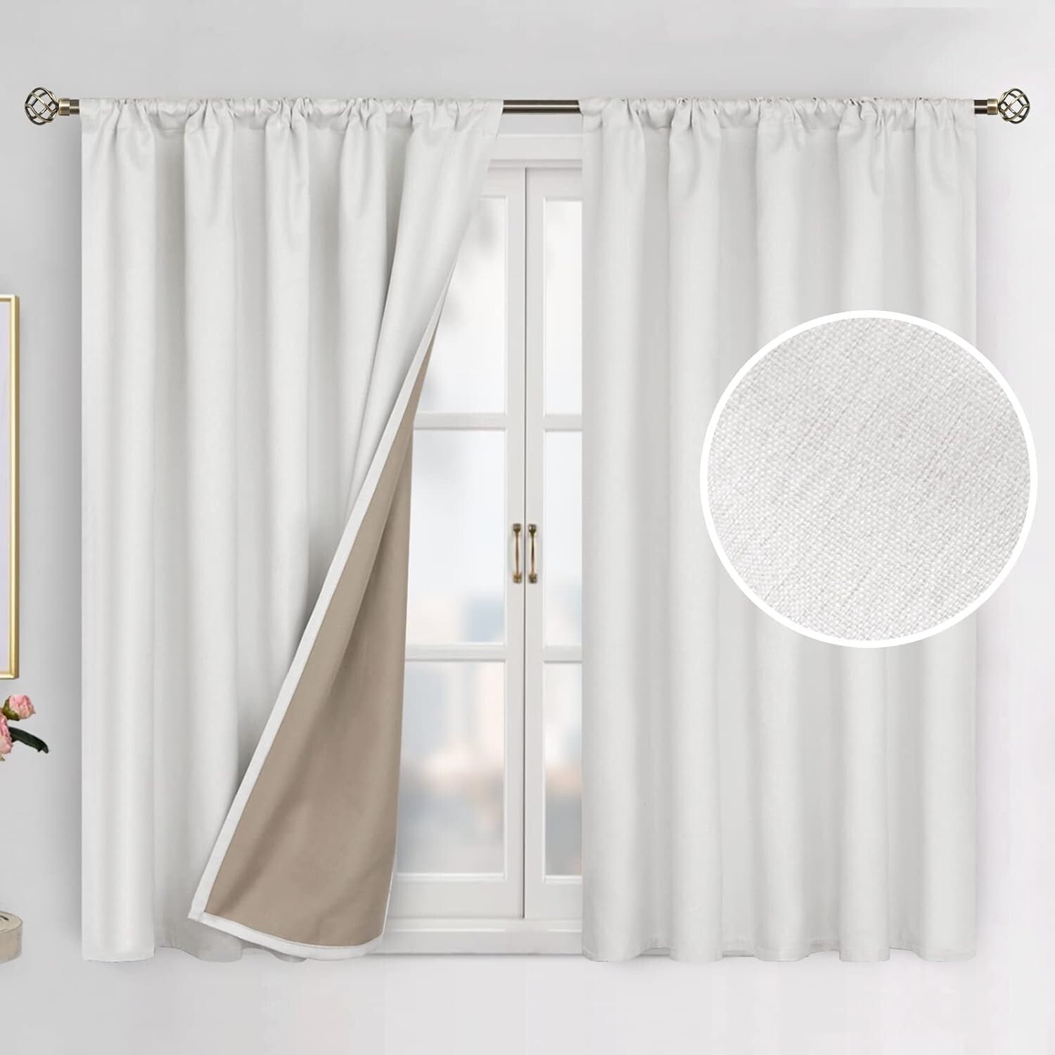 Thermal Insulated Off White Blackout Curtains - 2 Panels 45" Length Each
