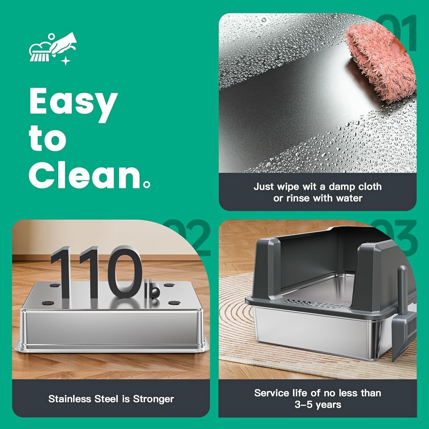 Covered XXL Cat Litter Box - Stainless Steel with High Sides for Leak Protection