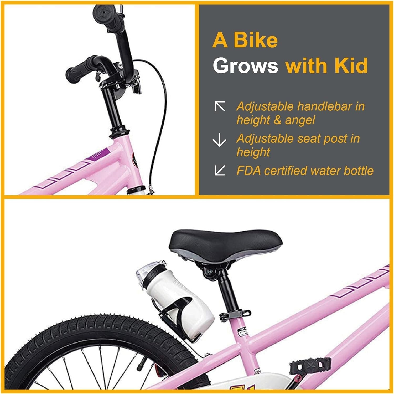 Adjustable 18 Inch Kids Bicycle with Water Bottle - Perfect for Learning Fun