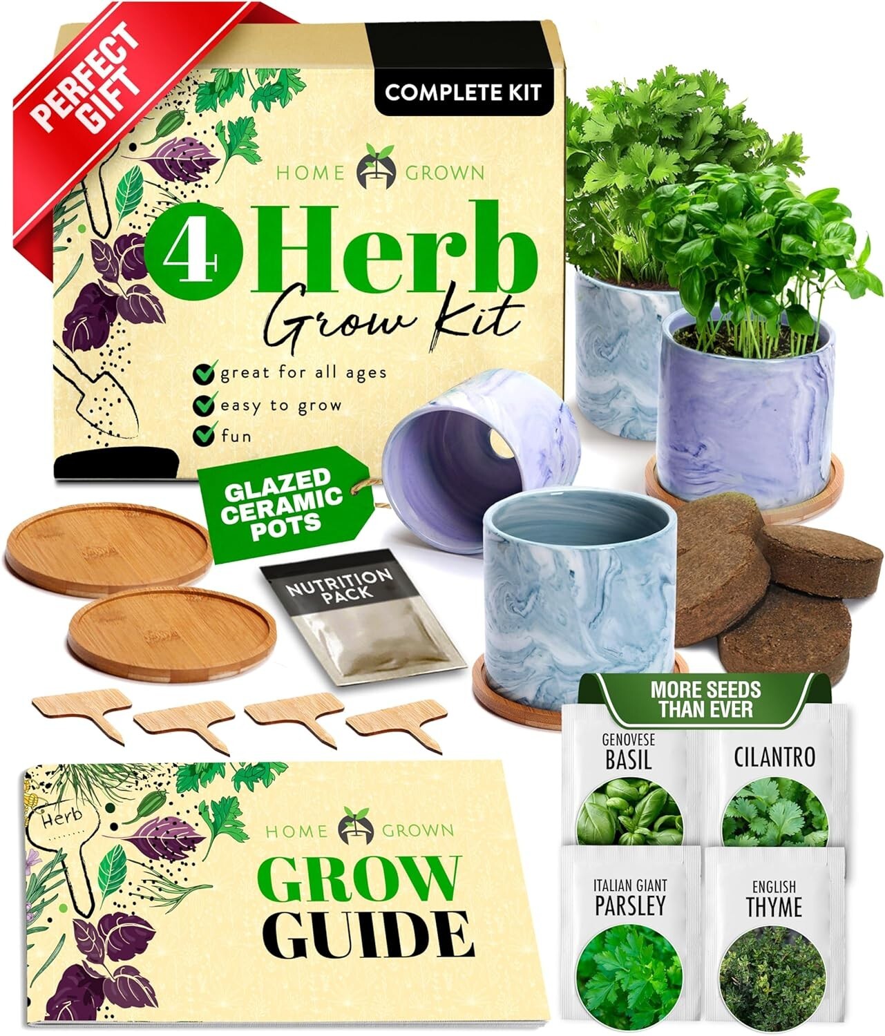 Indoor Herb Garden Kit with Glazed Ceramic Pots - Perfect Kitchen Starter Set