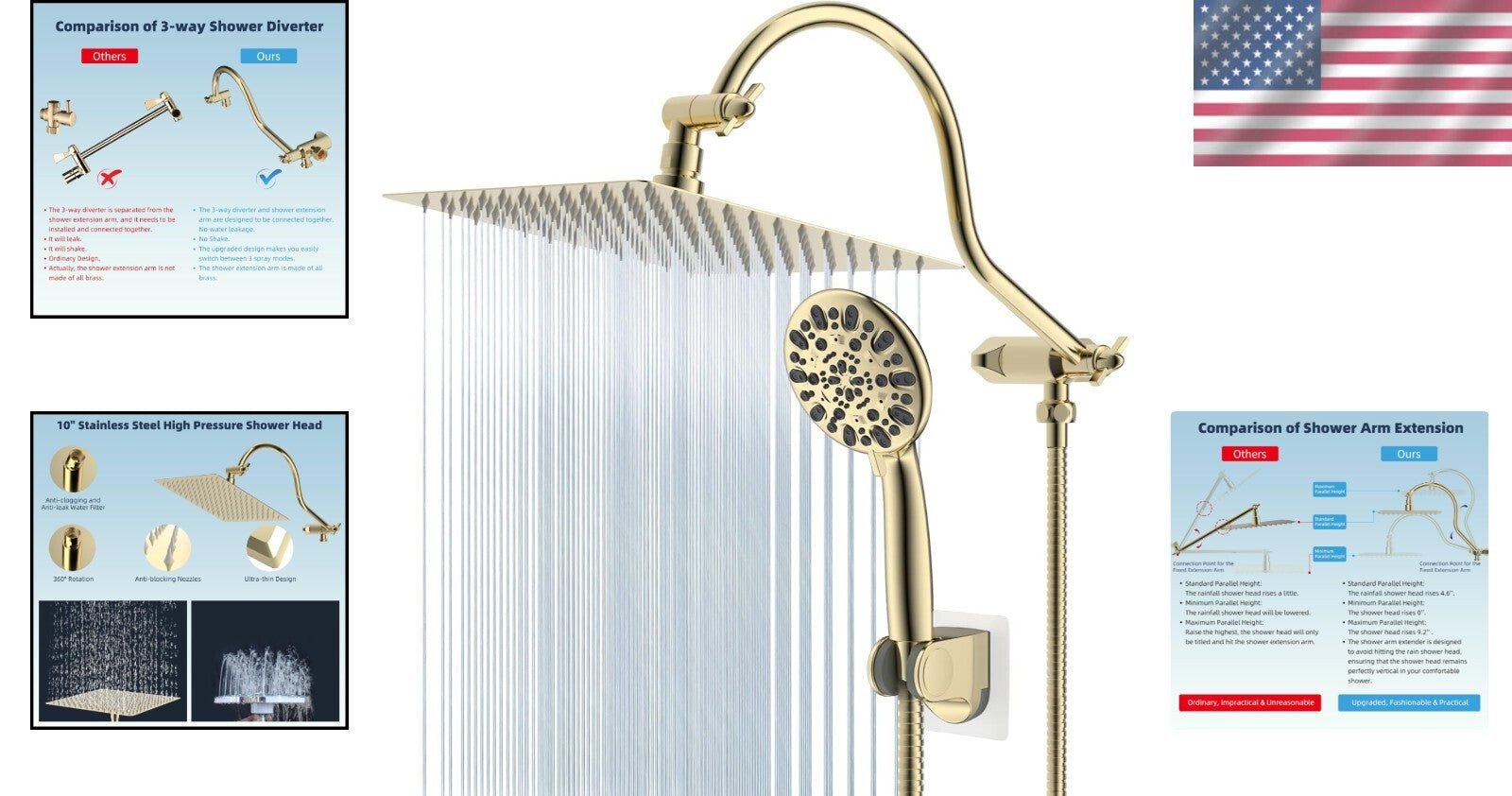 10'' Rainfall Shower Head with Adjustable Extension Arm & Handheld Shower Combo
