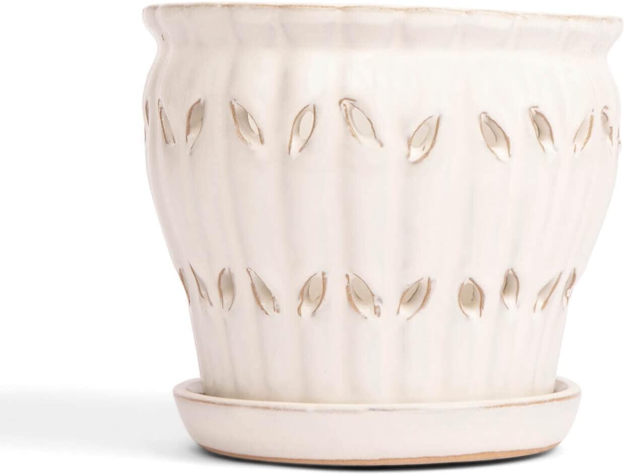 Modern 6-Inch Round Orchid Pot with Floral Pattern & Surface Protectors