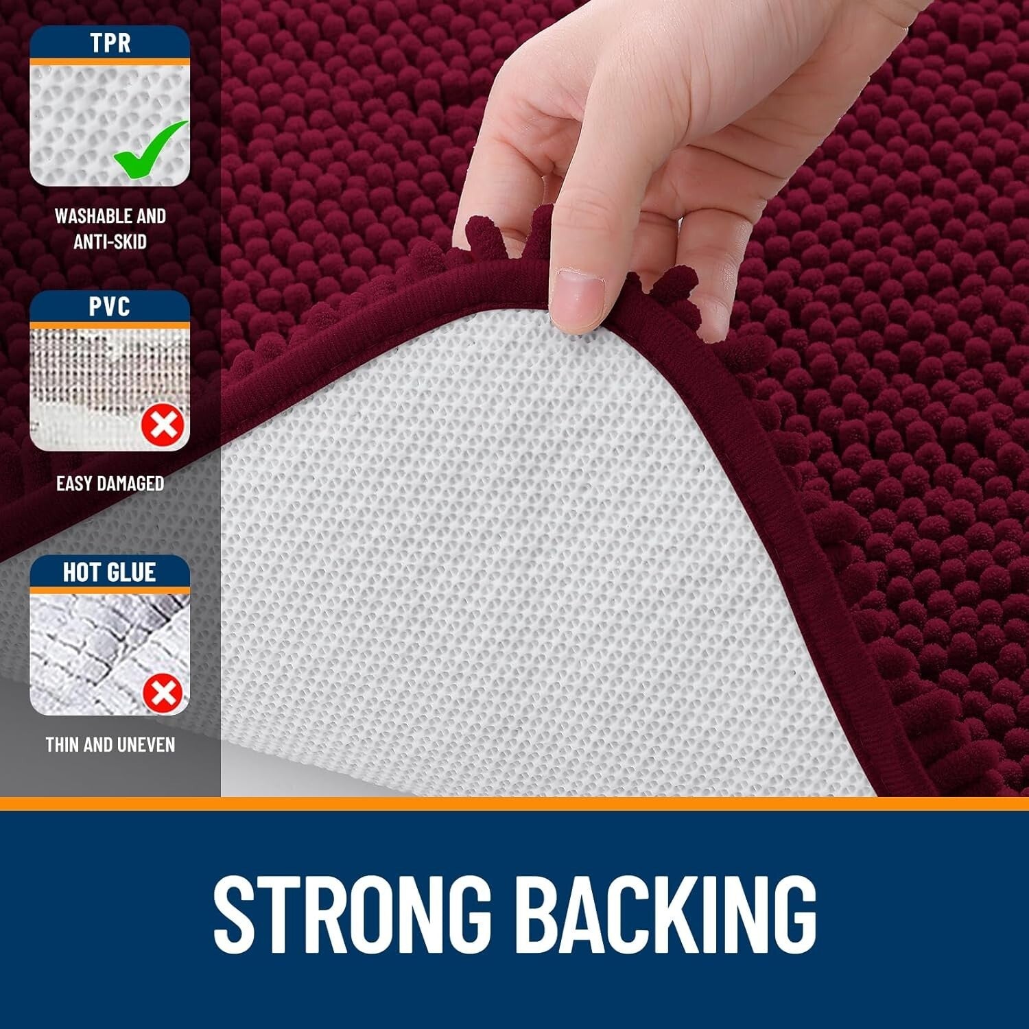 Burgundy Chenille Bath Mat 59x20 - Ultra Absorbent & Non-Slip Rubber Backing