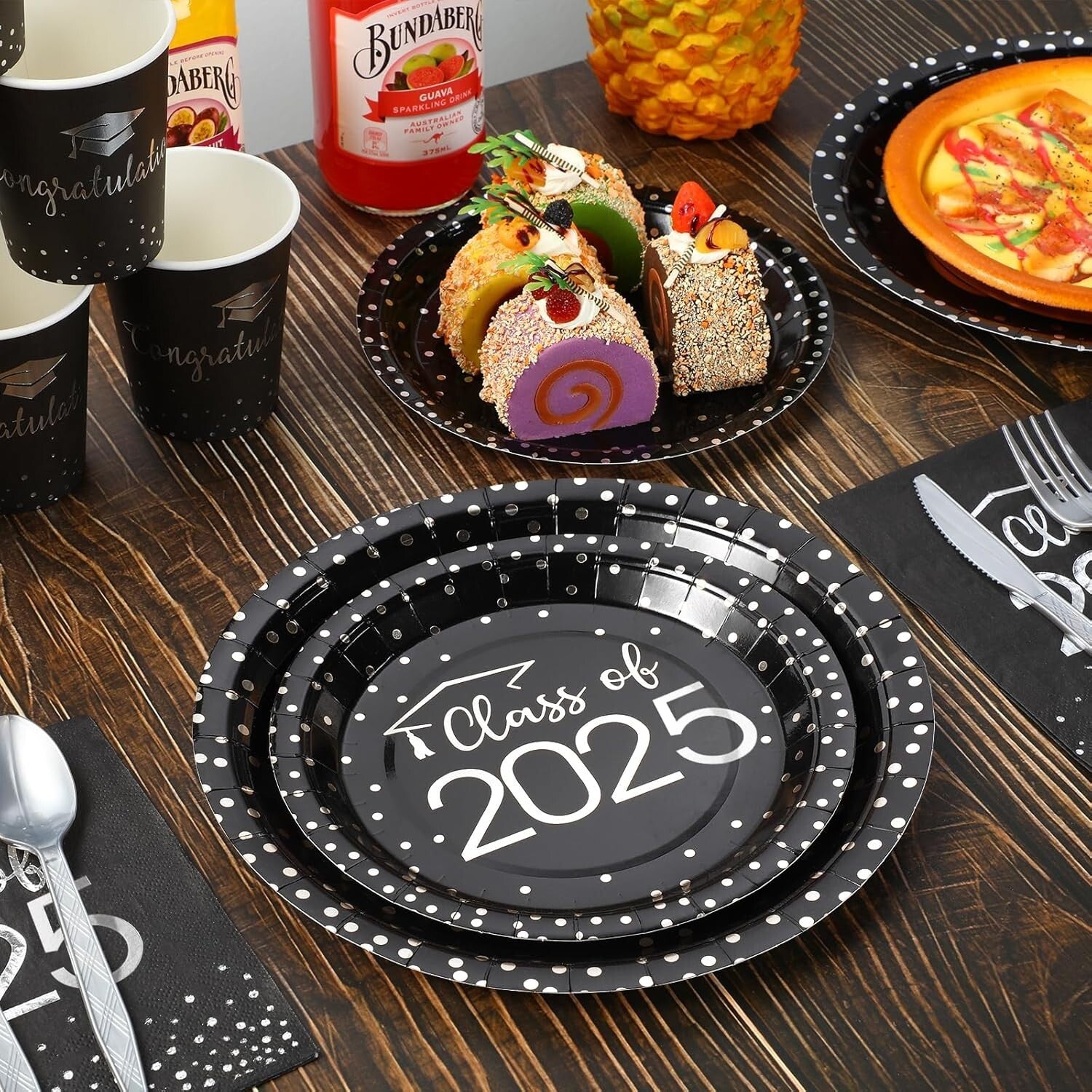 700pcs Graduation Party Supplies - Stylish Black & Silver Plates & Napkins