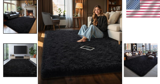 Fluffy Black Area Rug 6' x 9' - Machine Made Soft Rug for Kids & Living Rooms