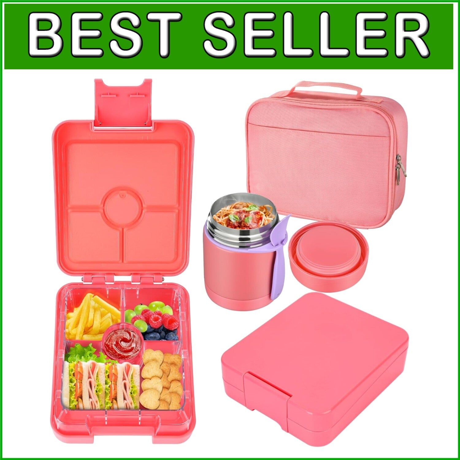 4-Compartment Kids Bento Box with Matching Insulated Lunch Bag & Soup Jar