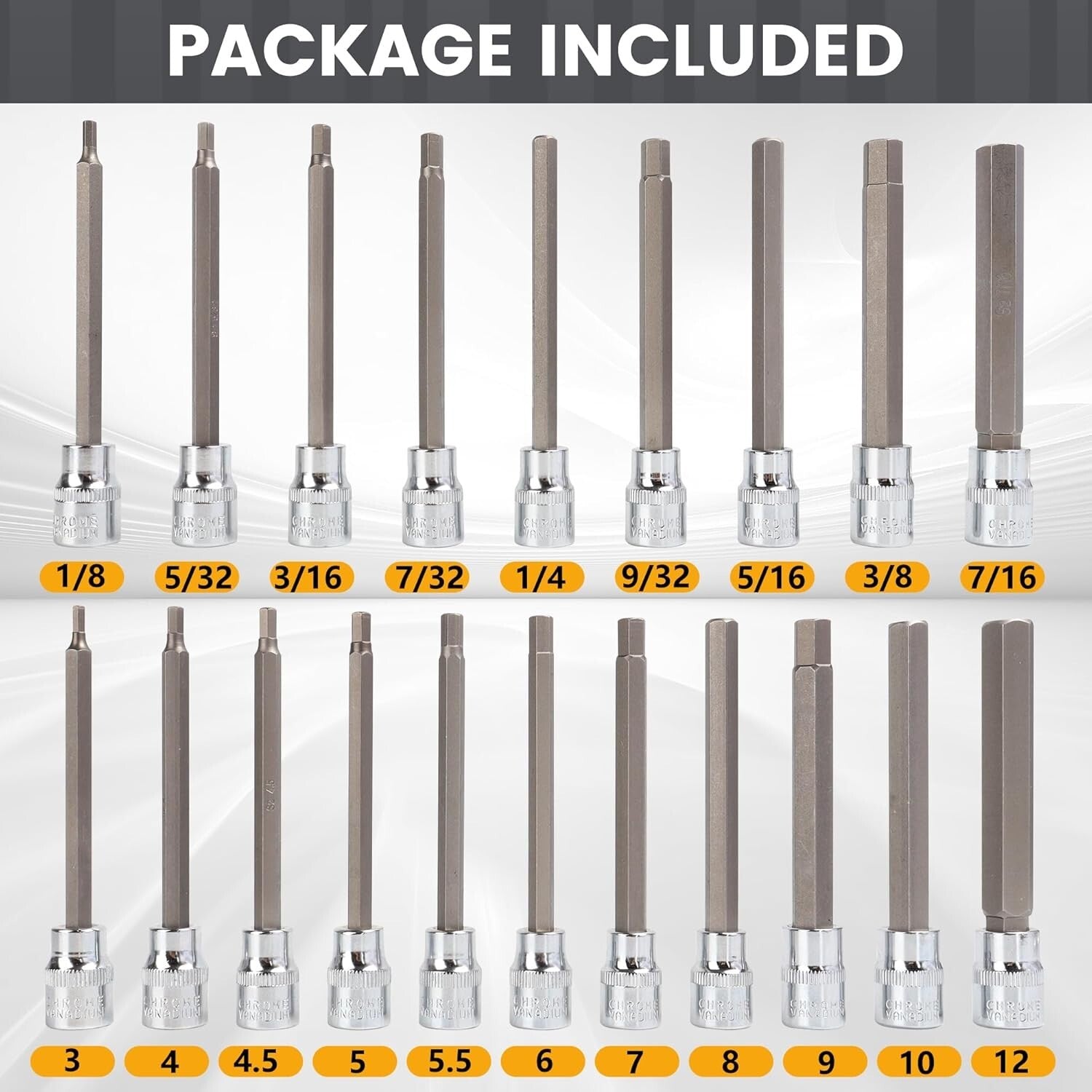 20PC Extra Long Allen Hex Socket Set - Chrome Vanadium Steel with Case