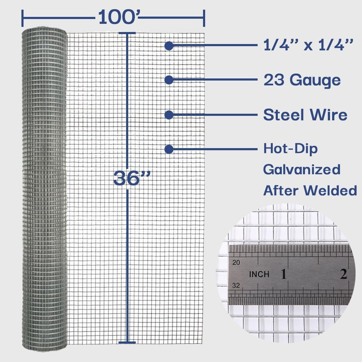 Rustproof 36'' x 100' Galvanized Mesh Wire Fencing for Gardens and Chicken Coops