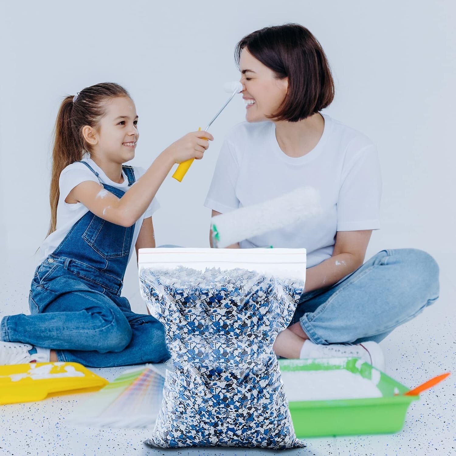 Durable Epoxy Garage Floor Paint with Black, White, Blue & Gray Decorative Chips