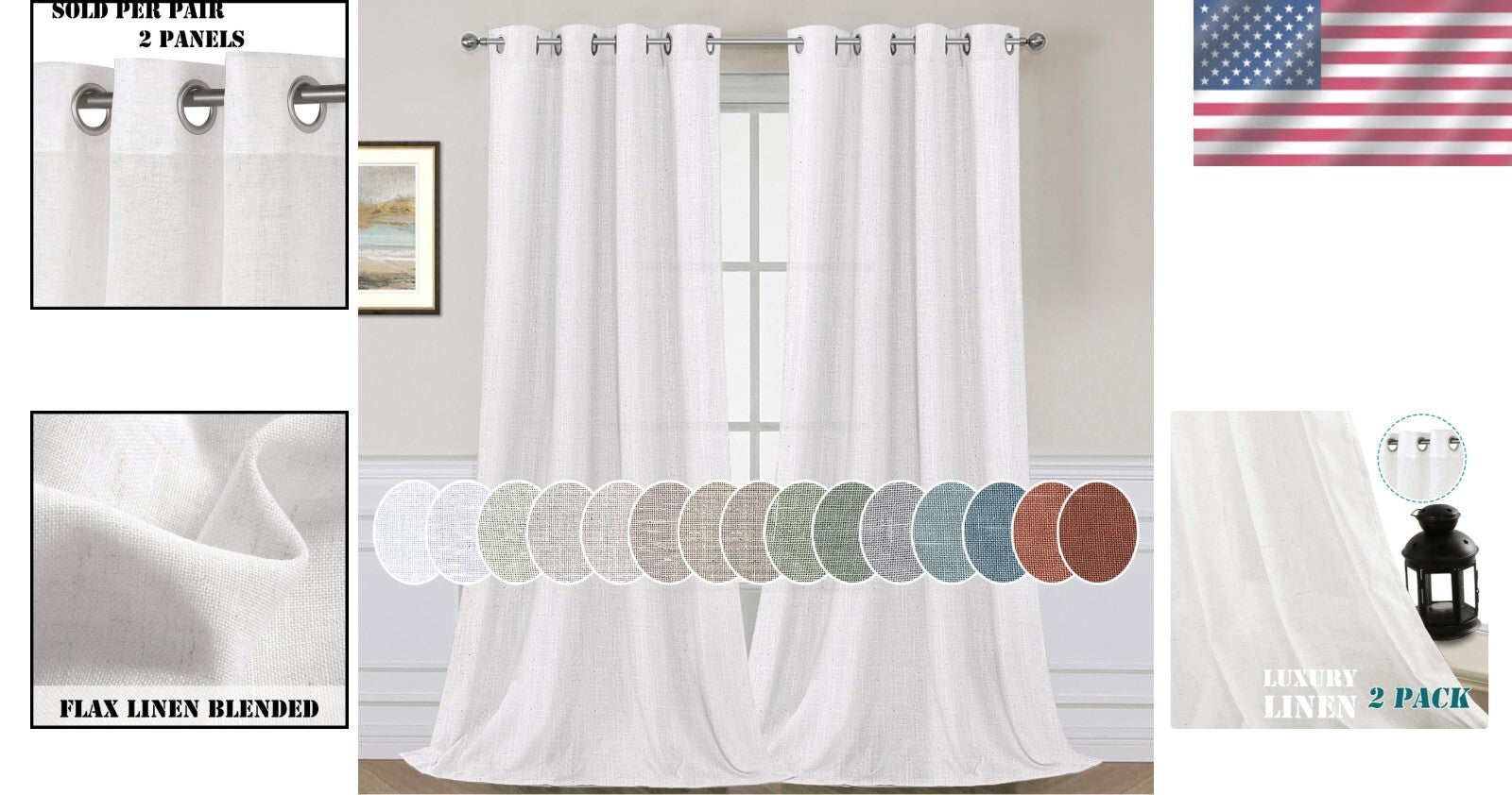 Soft Linen Sheer Curtains with Grommet Top – Elegant 2 Pack 52" x 96" Panels